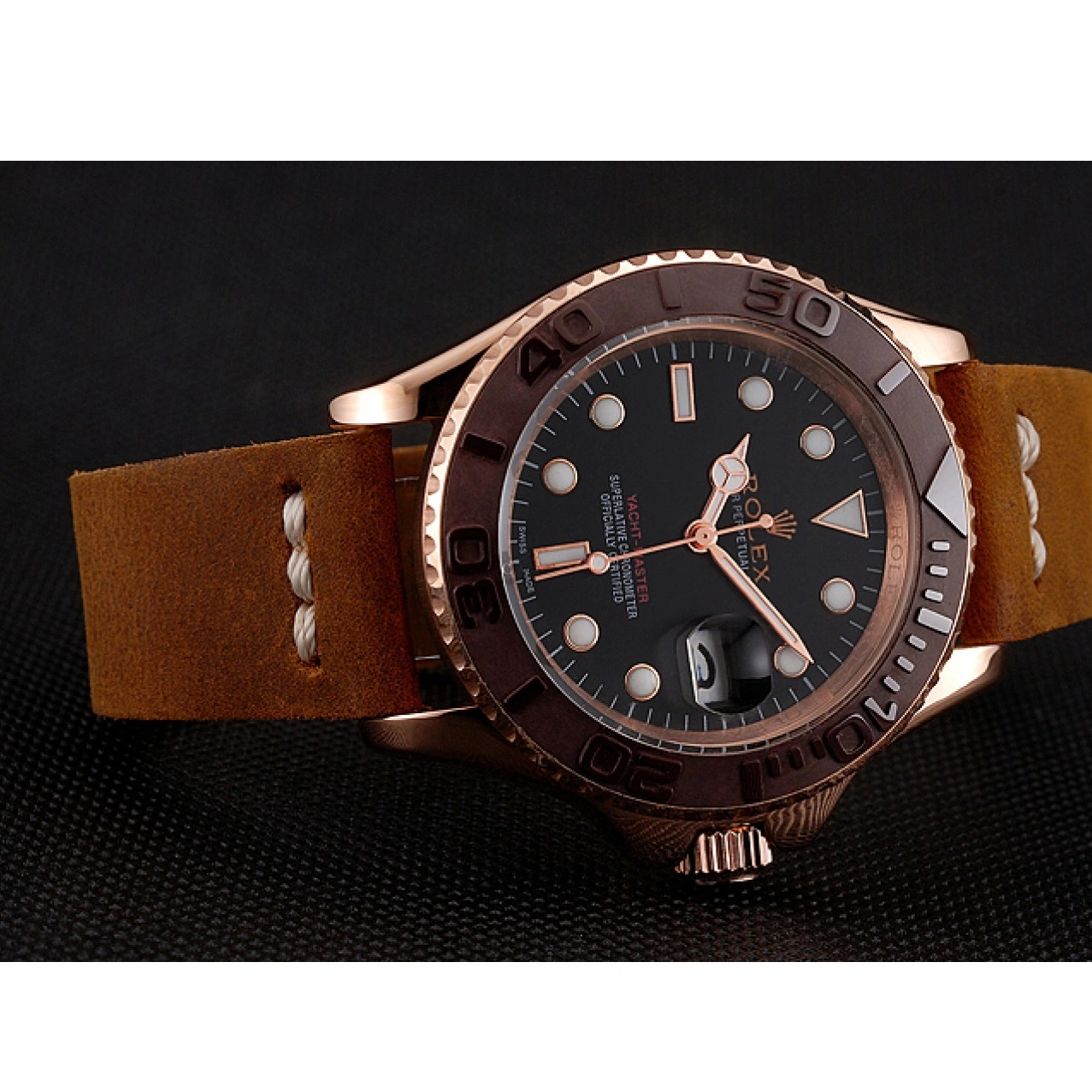 AAA replica watch Leather Bracelet Rolex Master 1453860 Bezel Brown Rose Yacht Dial Black Gold Brown Case 0516
